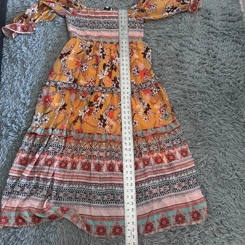 Davi & Dani Boho Printed Ruffle Maxi Dress Smocked Bodice Hippie Large Fairy - Picture 4 of 9